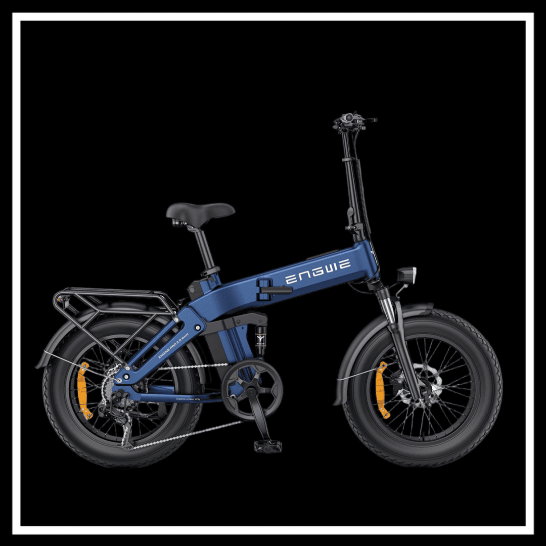 ENGWE ENGINE 3.0 PRO BOOST full-suspension foldable e-bike in blue against black background.