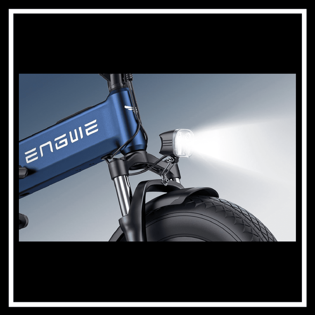 ENGWE ENGINE 3.0 PRO BOOST close-up of front light and tire showcasing design and functionality.
