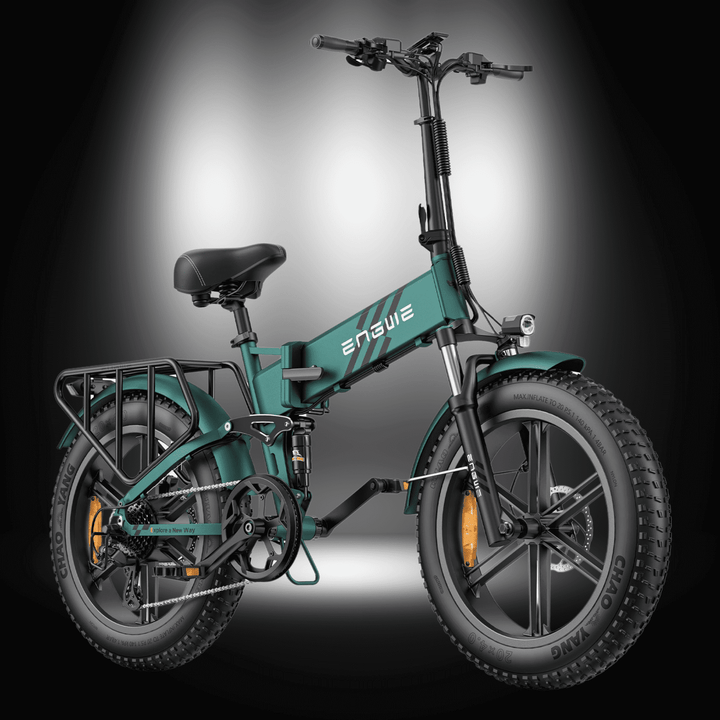 Engwe Engine Pro 2.0 electric bike with foldable design and all-terrain tires in a spotlight setting.