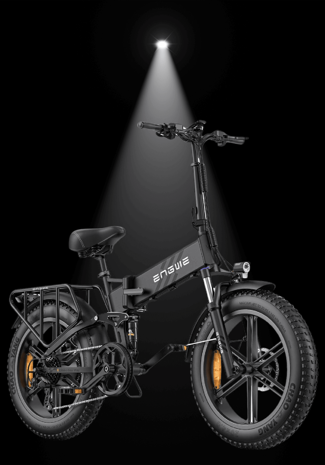 Engwe Engine Pro 2.0 electric bike showcased under a spotlight against a dark background.