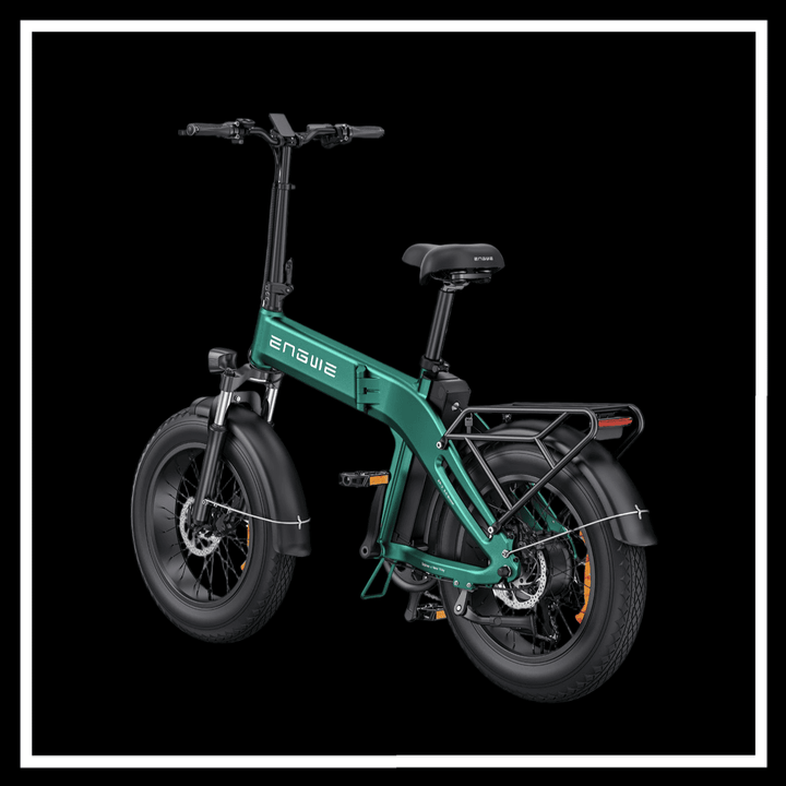 ENGWE EP-2 3.0 Boost Electric Bike, a folding fat tyre bike, showcased in green color on a black background.
