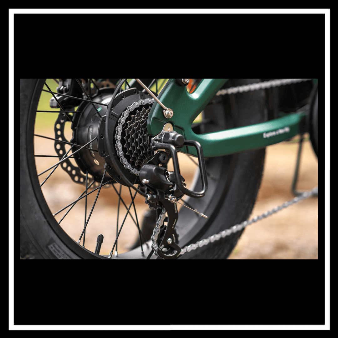 Close-up of the rear drivetrain of an ENGWE EP-2 3.0 Boost Electric Bike displaying the gears and chain.