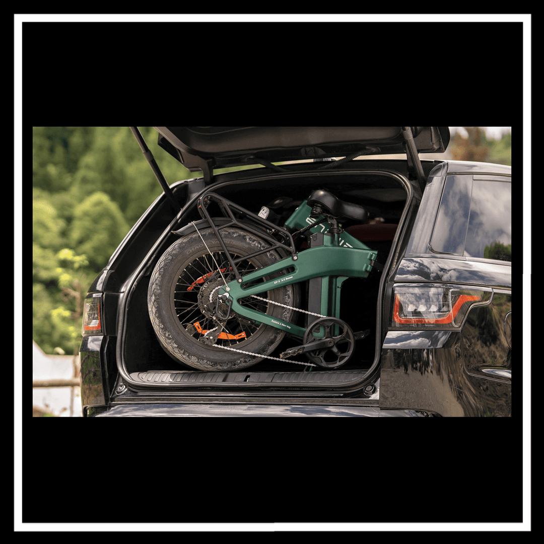 ENGWE EP-2 3.0 BOOST folded inside a car trunk, ready for travel and adventure.