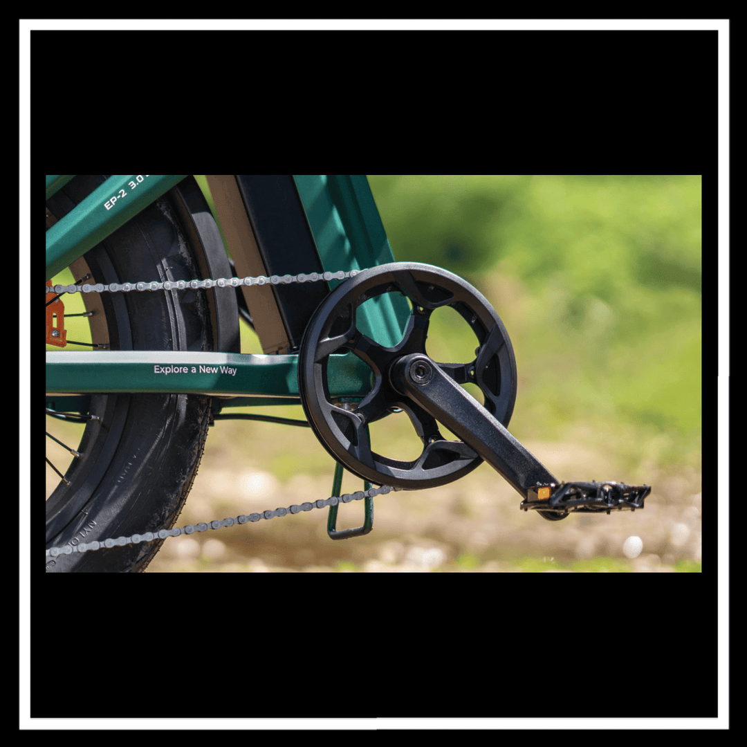 Close-up of the crankset and pedals on the ENGWE EP-2 3.0 Boost Electric Bike.