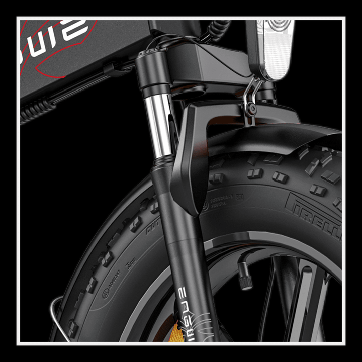 Close-up of the ENGWE EP-2 BOOST ELECTRIC BIKE's front fork and fat tire showcasing its sturdy design.