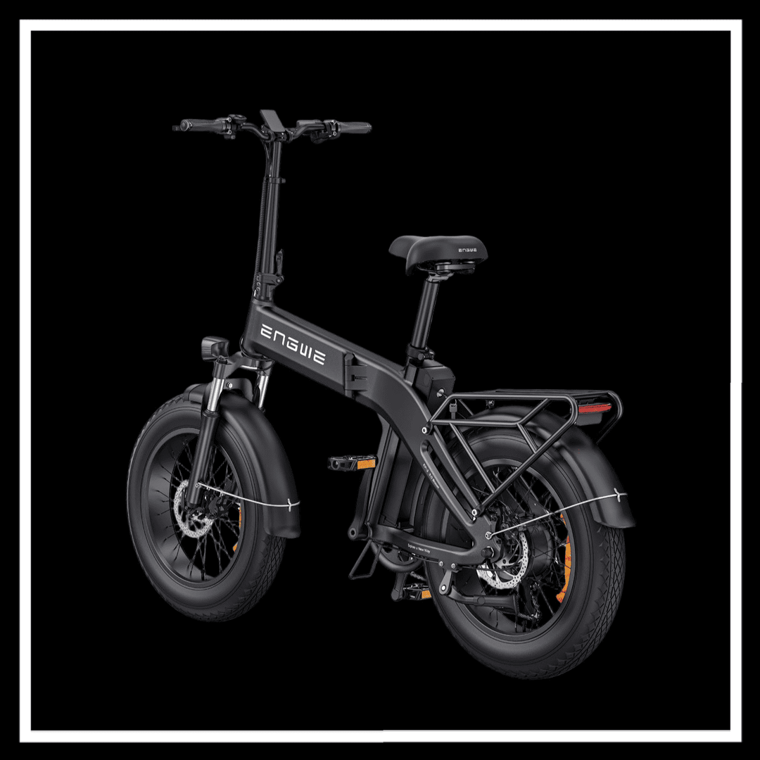 ENGWE EP-2 3.0 Boost Electric Bike showcasing sleek design and folding features on a black background.