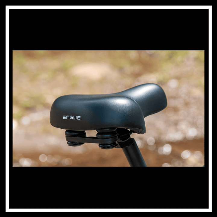 Close-up of the comfortable seat on the ENGWE EP-2 3.0 Boost Electric Bike, designed for rides in Ireland, the UK, and Europe.