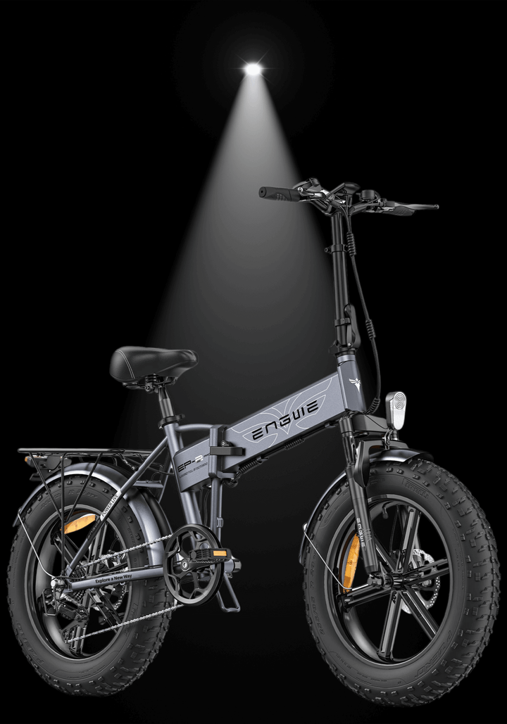 🇮🇪🇬🇧🇪🇺 ENGWE EP-2 BOOST foldable fat-tire e-bike with 250W motor and 48V battery, showcased under spotlight.
