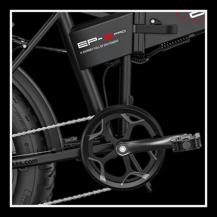 ENGWE EP-2Pro 250W close-up of the bike's crank and frame showcasing its design and features.