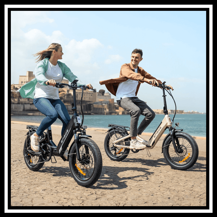 Two riders enjoying the outdoors on ENGWE L20 3.0 BOOST ebikes by the beach.