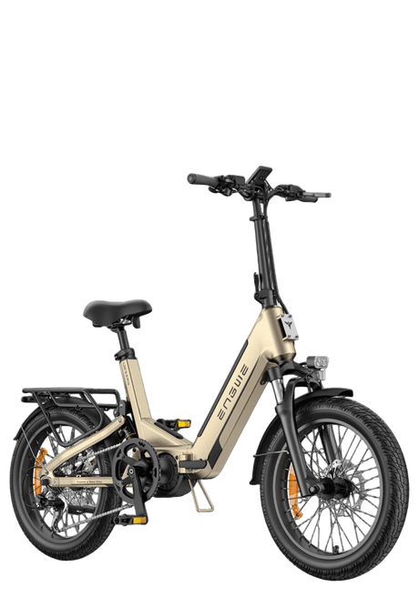 Stylish foldable electric bike in beige color with an ergonomic design for urban commuting.