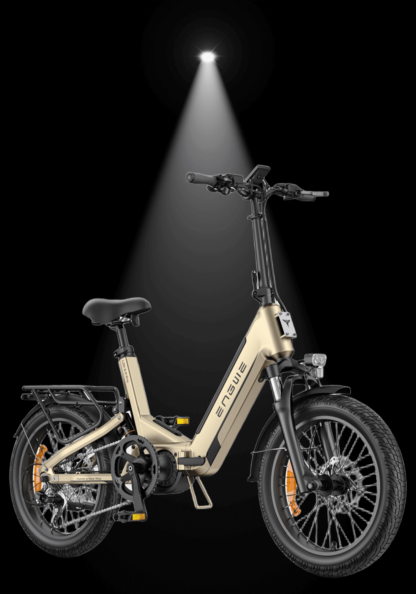ENGWE L20 3.0 BOOST ELECTRIC BIKE showcased with spotlight on a stylish full suspension design.