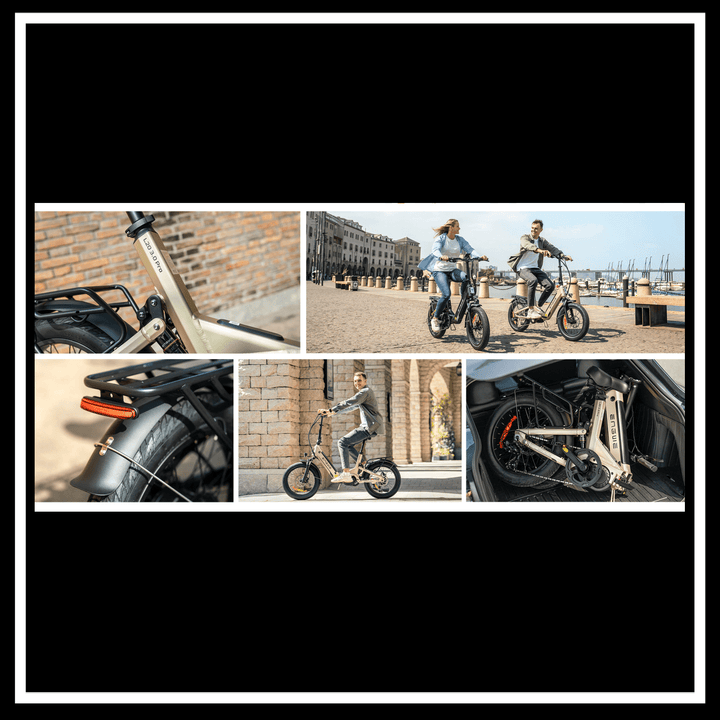 ENGWE L20 3.0 BOOST ELECTRIC BIKE in action with riders enjoying the city on full suspension folding e-bikes.
