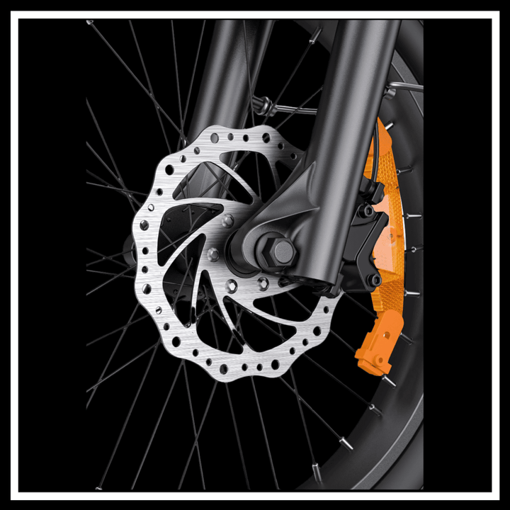 Close-up of the brake disc on the ENGWE L20 3.0 BOOST ELECTRIC BIKE showcasing its durable design and performance.