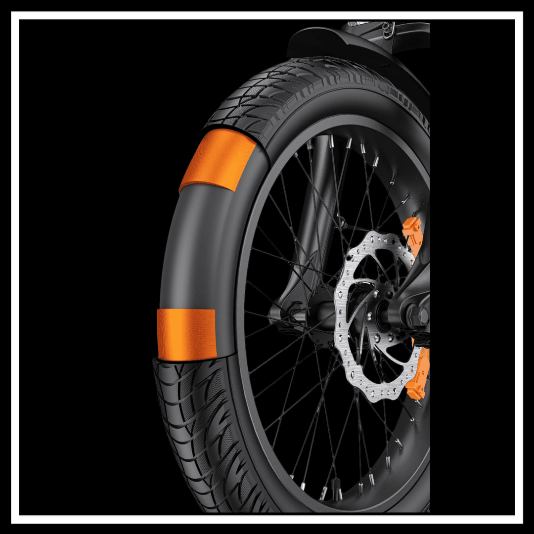 ENGWE L20 3.0 BOOST ELECTRIC BIKE close-up of the wheel showing tire tread and orange reflective strips