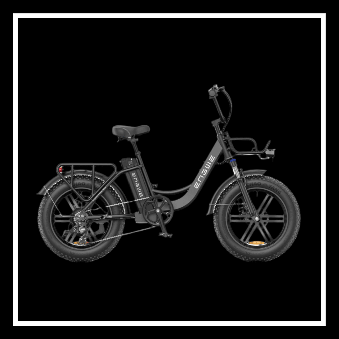 ENGWE L20 BOOST electric bike with 20 x 4.0 fat tires and sturdy design on black background.