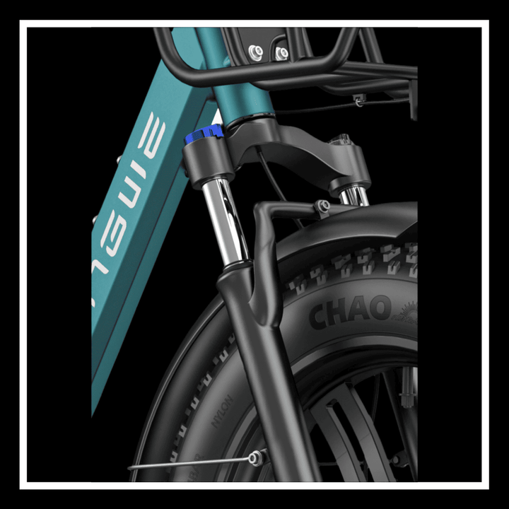 ENGWE L20 BOOST electric bike front suspension and fat tire close-up