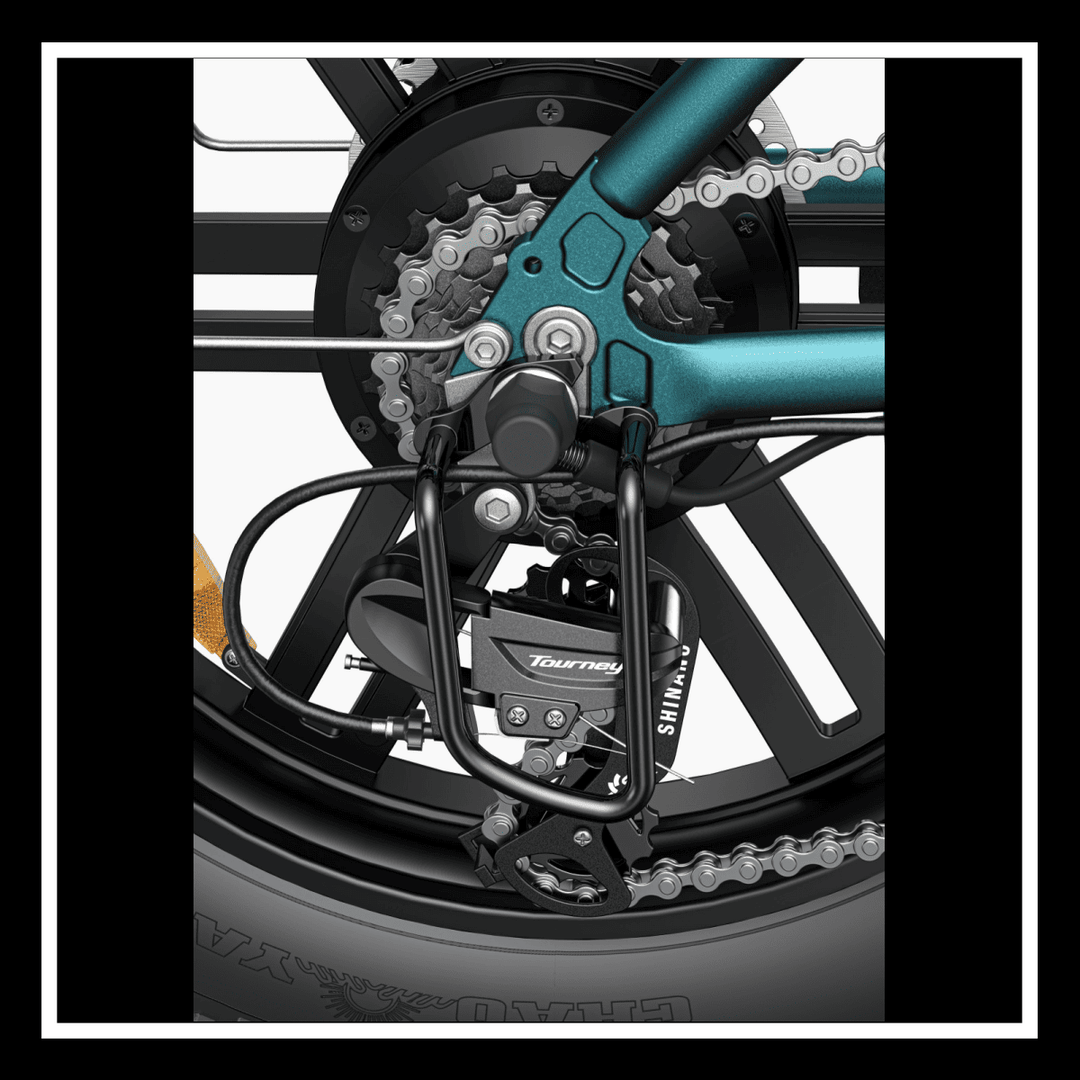 ENGWE L20 BOOST close-up of rear derailleur and chain mechanism for electric bike performance.