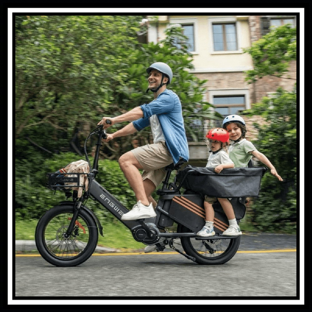 Man riding ENGWE LE20 cargo e-bike with two kids in the cargo area, showcasing family-friendly transportation.