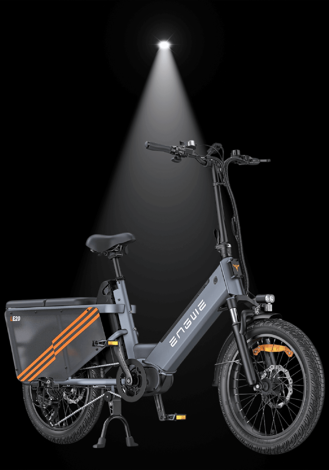 ENGWE LE20 cargo e-bike with a powerful design and cargo capacity, illuminated spotlighting for enhanced visibility.