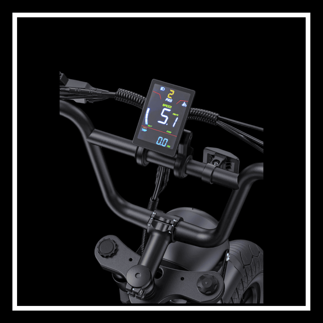 Display screen on the Engwe M1 electric bike showing speed and battery information.