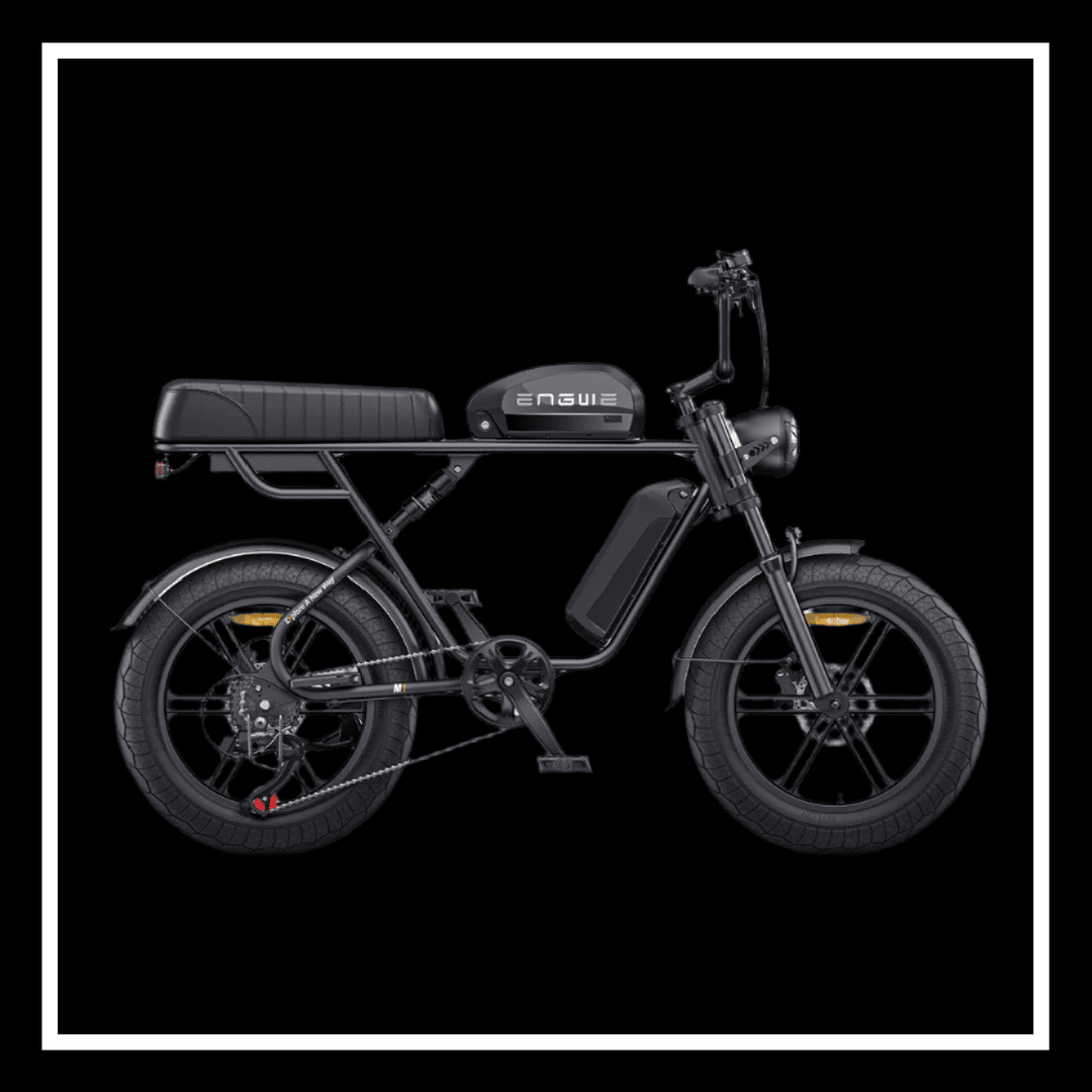 Engwe M1 electric bike side view showcasing its fat tires and modern design on a black background.