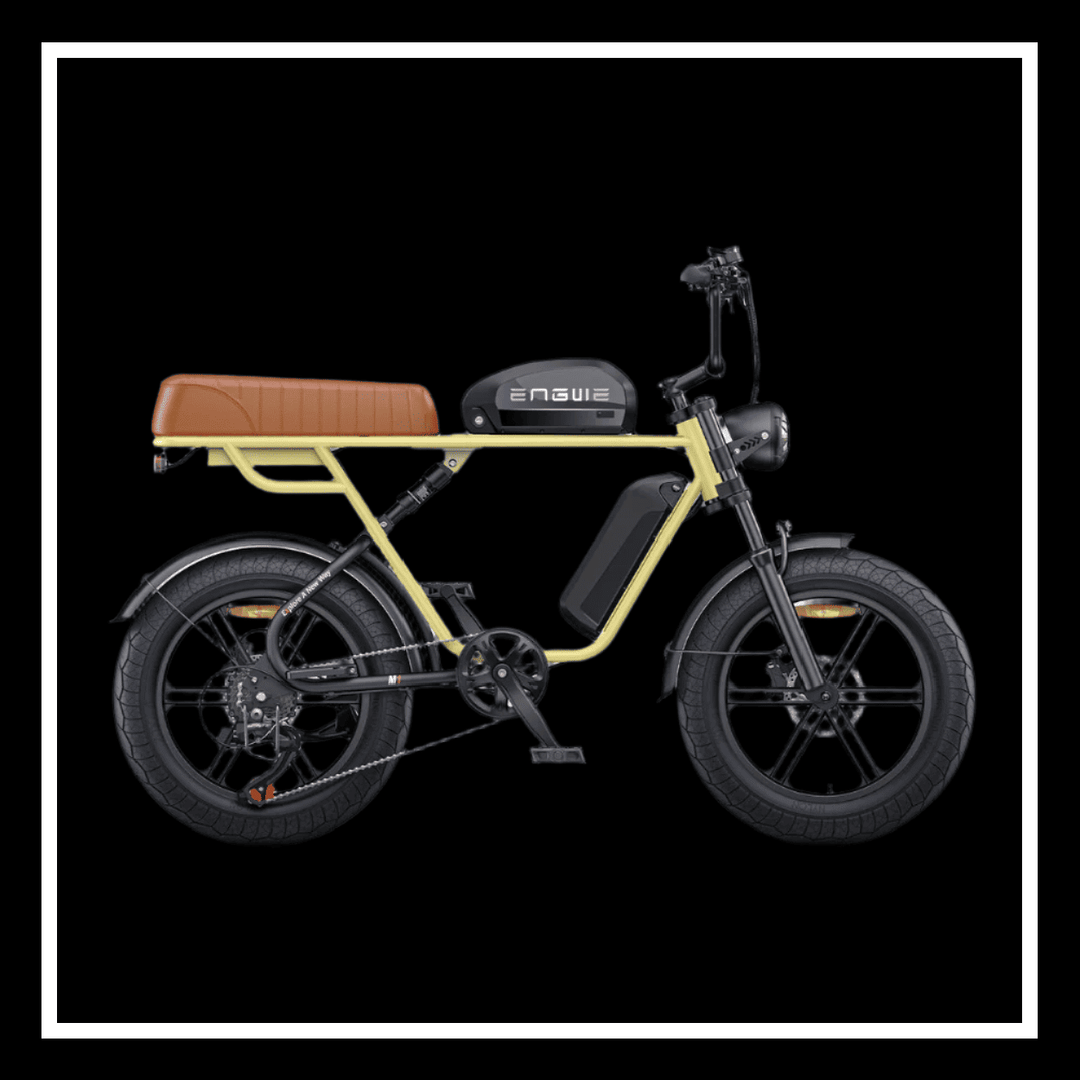 Engwe M1 electric bike showcasing its unique fat tire design and dual passenger seat.