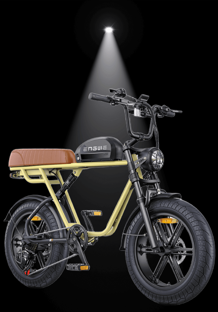 Engwe M1 electric bike showcasing a motorcycle-inspired design with fat tires, ideal for urban and adventure riding.