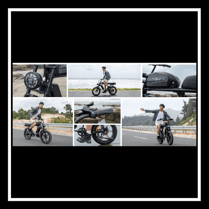 Engwe M1 electric bike featuring urban riding scenes, showcasing fat tires, dual passenger capability, and stylish design.