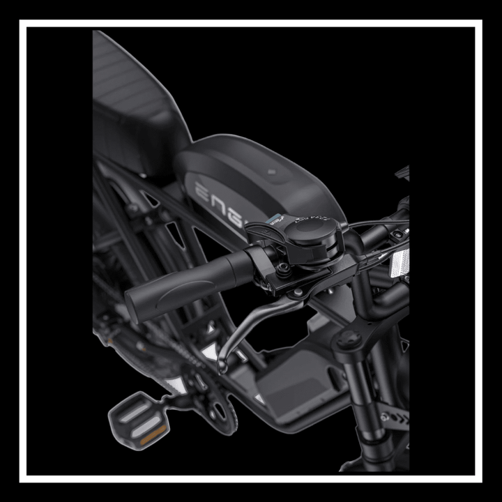 Close-up of handlebar controls on the Engwe M1 electric bike, showcasing its motorcycle-inspired design and ergonomic features.