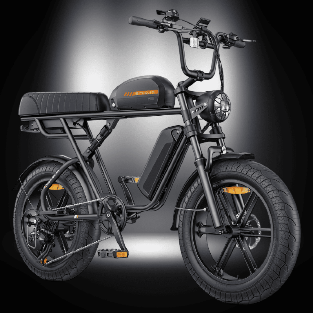 ENGWE M1 electric motorcycle with dual seat, fat tyres, and powerful motor for enhanced performance.