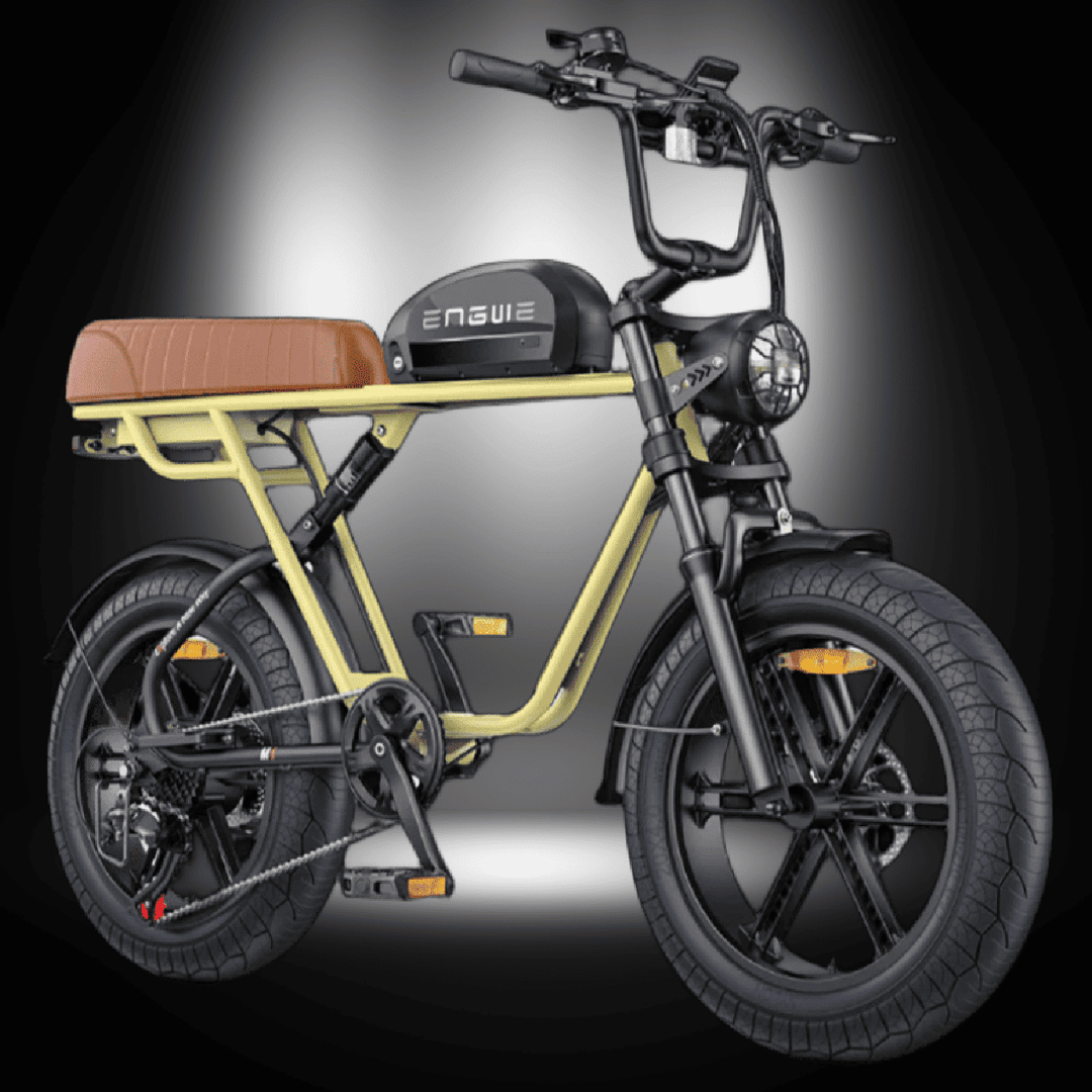 ENGWE M1 electric motorcycle with dual seat, fat tyres, and hydraulic disc brakes on a sleek black background.