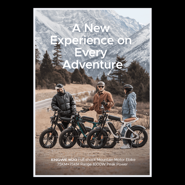 Engwe M20 electric bike displayed with riders outdoors for adventurous experience with full-shock features.
