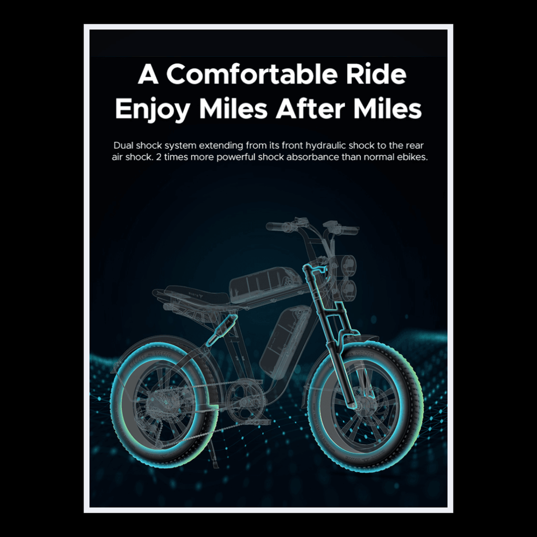 Engwe M20 electric bike showcasing a dual shock system for enhanced ride comfort and stability.