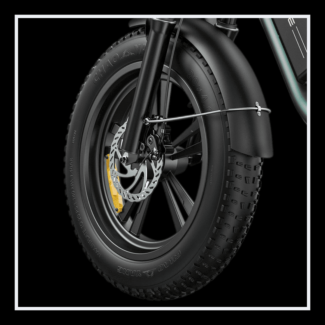Engwe M20 electric bike fat tire close-up showing strong tread and disc brake for enhanced performance.