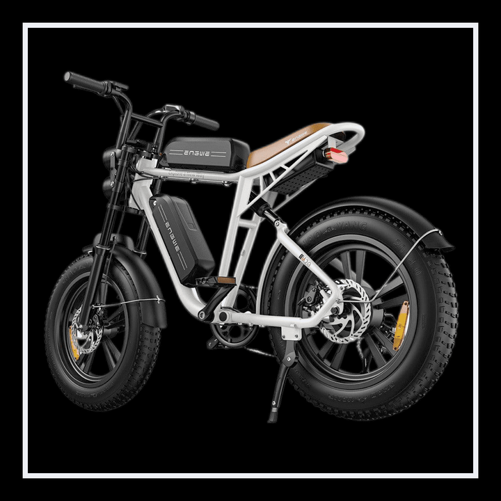 Engwe M20 electric bike showcasing its dual battery and fat tire design for long-range performance.