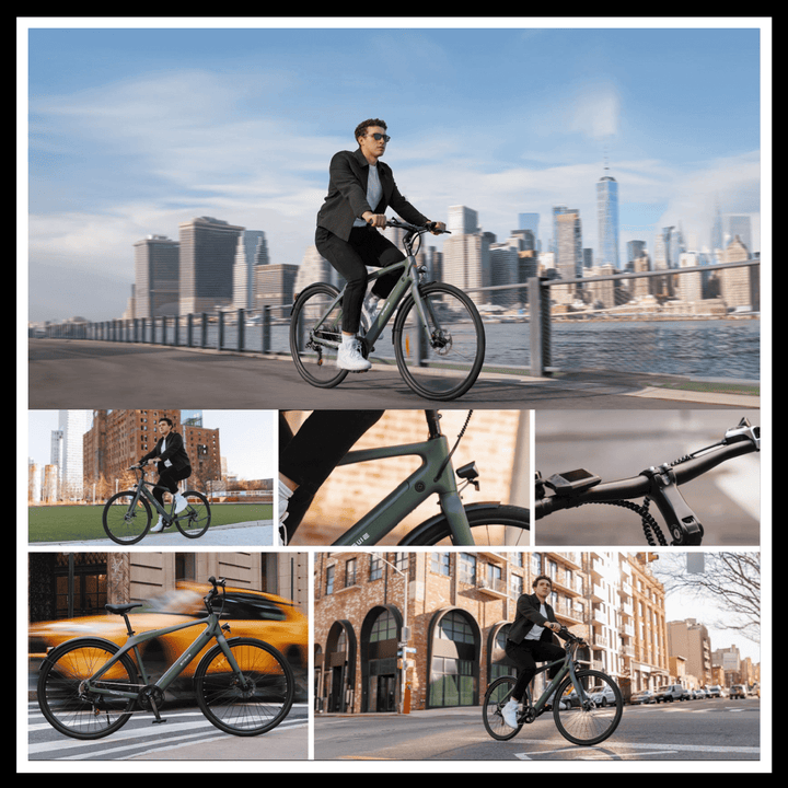 A cyclist riding the 🇮🇪🇬🇧🇪🇺 ENGWE MAPFOUR N1 PRO urban e-bike through a cityscape.