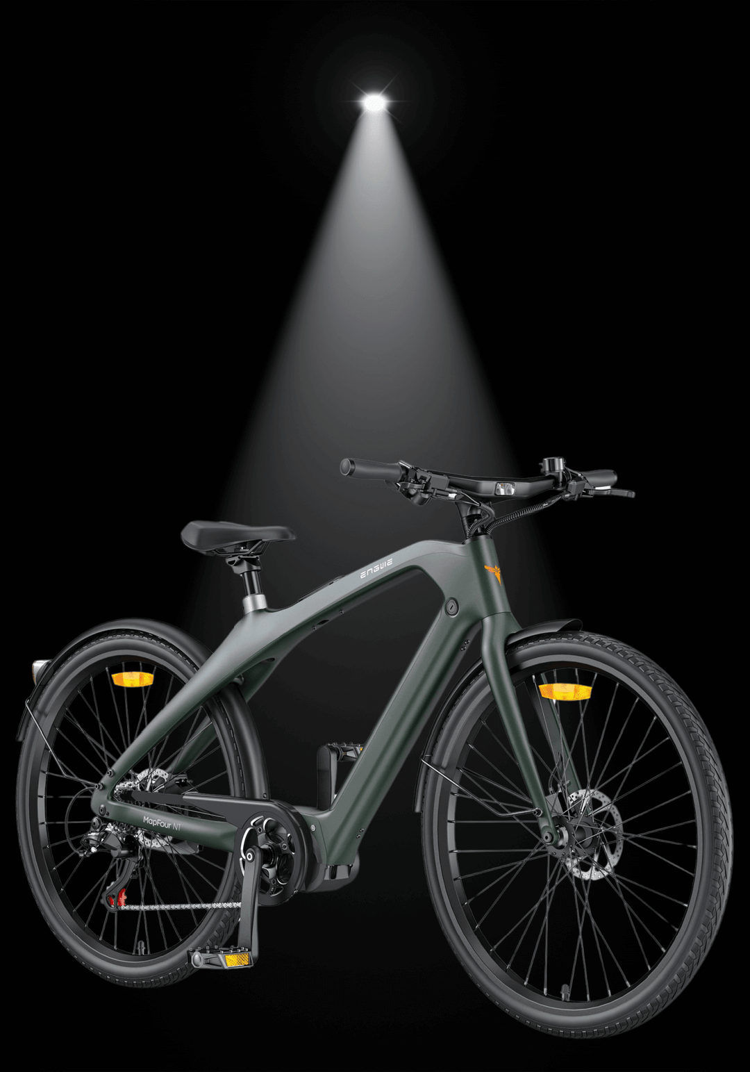 ENGWE MAPFOUR N1 PRO urban e-bike showcased under spotlight, highlighting its sleek design and modern features.