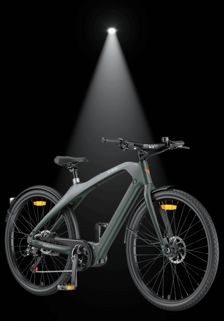 ENGWE MAPFOUR N1 PRO urban e-bike showcased under spotlight, highlighting its sleek design and modern features.