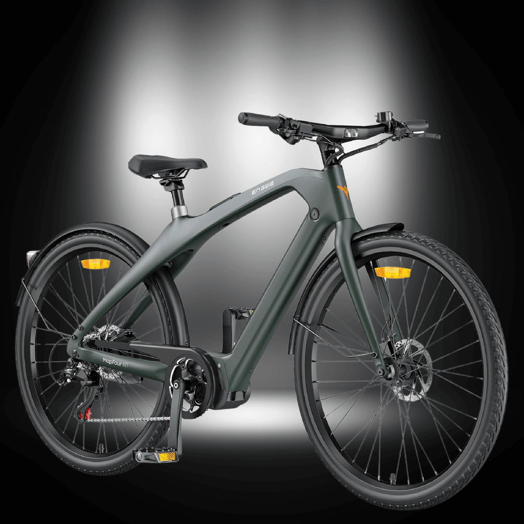 A sleek and modern ENGWE MAPFOUR N1 PRO urban e-bike showcasing its lightweight carbon fiber frame in a stylish setting.