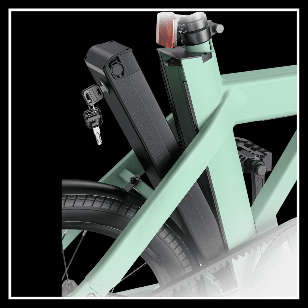 Engwe P20 electric bike battery and frame close-up for urban commuting efficiency