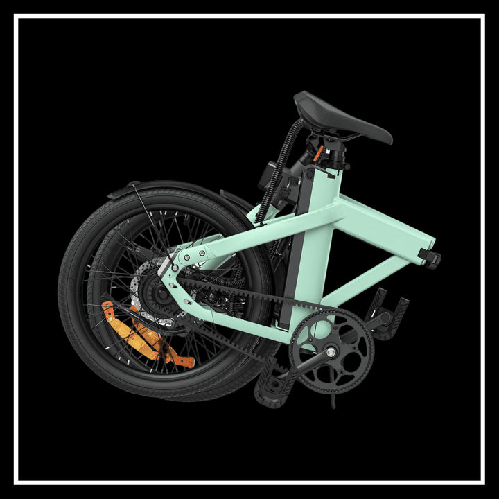 Engwe P20 electric bike folded for easy storage and portability, showcasing its light design.