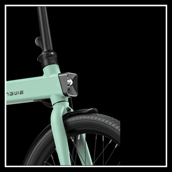 Engwe P20 electric bike close-up showing front wheel and frame design in mint color.