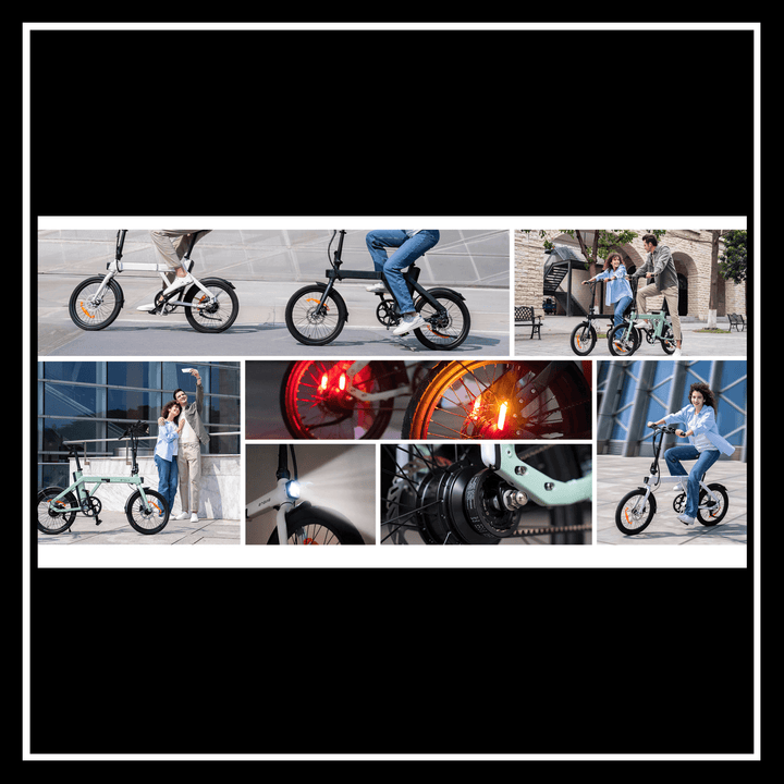 Engwe P20 electric bike showcased in various urban settings, highlighting its design and features for city commuting.