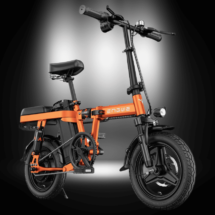 ENGWE T14 compact foldable mini-bike in vibrant orange color with a lightweight frame.