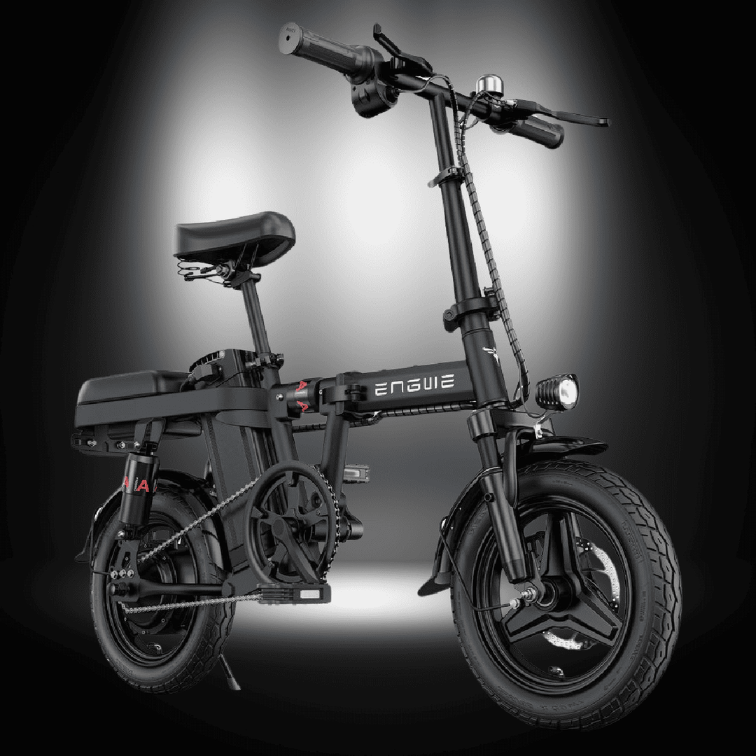 Image of 🇮🇪🇬🇧🇪🇺 ENGWE T14 foldable mini-bike in black, showcasing its compact urban design and innovative features.