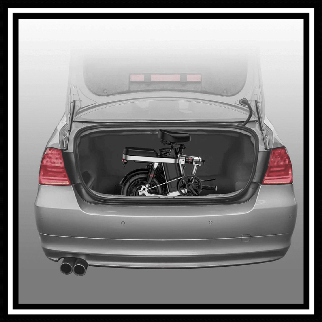 ENGWE T14 ELECTRIC BIKE folded and stored in the trunk of a car, showcasing its compact design.