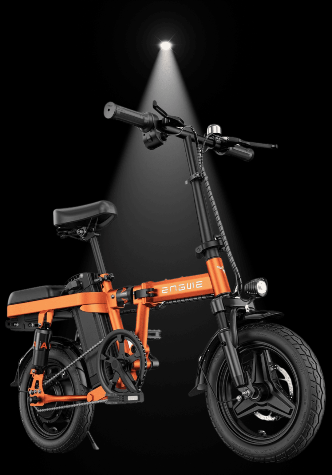ENGWE T14 ELECTRIC BIKE shown in black and orange design with spotlight effect, compact and foldable for urban commuting.