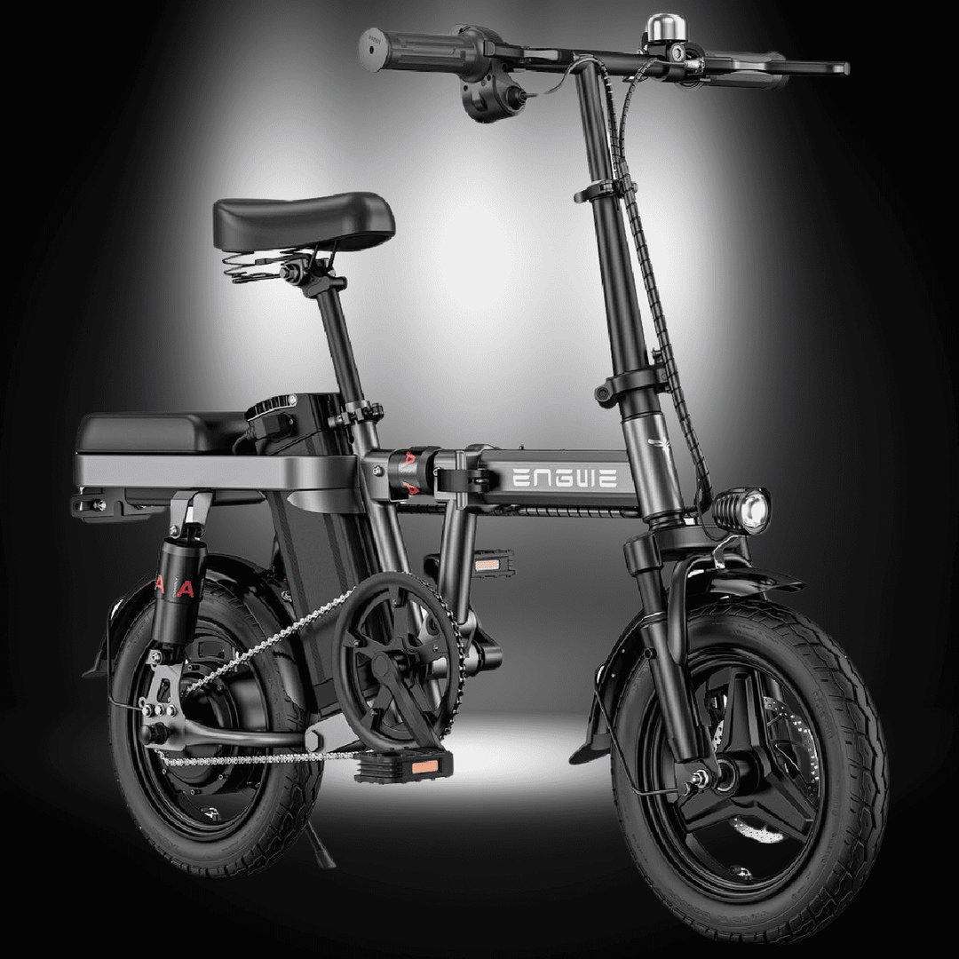🇮🇪🇬🇧🇪🇺 ENGWE T14 foldable mini-bike in sleek black design, perfect for urban commuting.