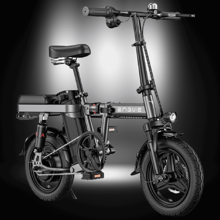 🇮🇪🇬🇧🇪🇺 ENGWE T14 foldable mini-bike in sleek black design, perfect for urban commuting.
